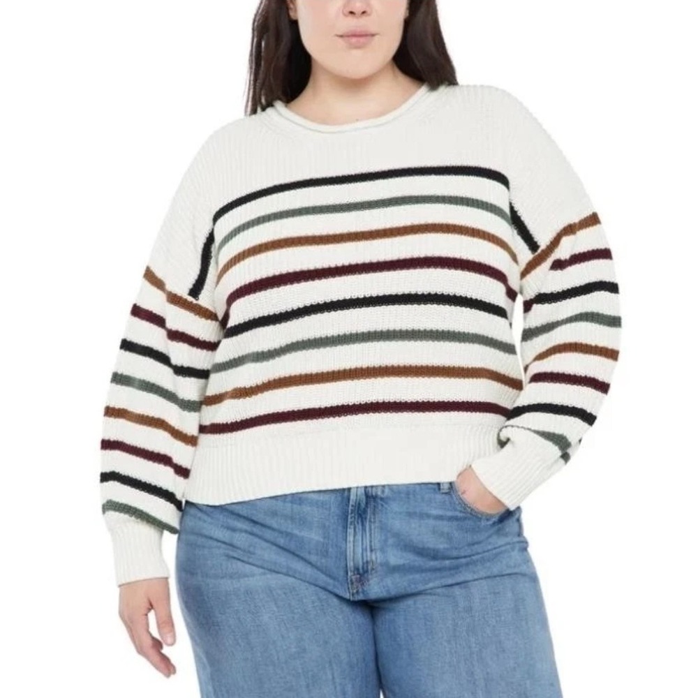 Gap Women's Crewneck Roll Neck Cotton Sweater White Multicolor Striped Size XXL